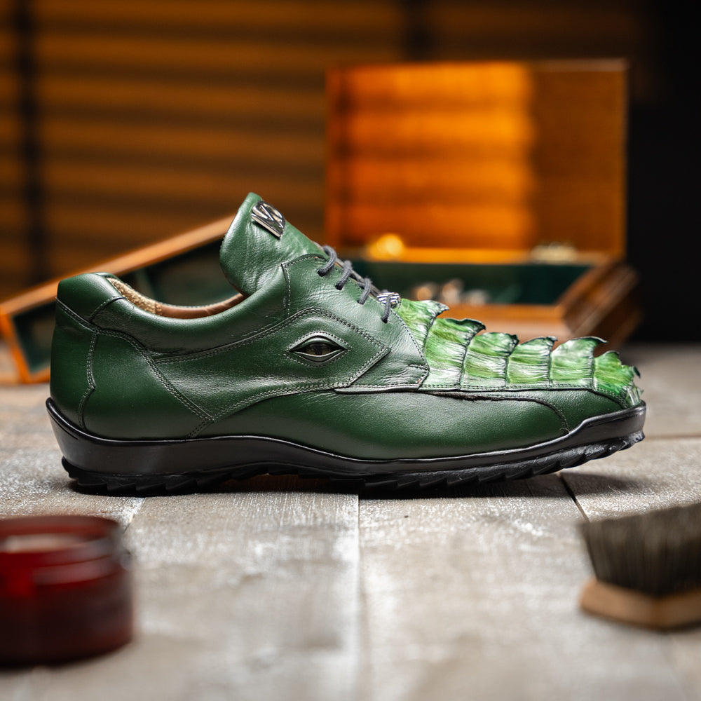 Genuine Hornback Caiman and Calf Leather Exotic Sneaker Udine Green