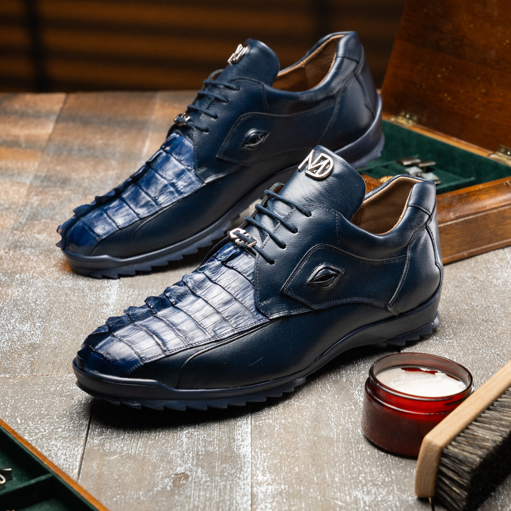 Genuine Hornback Caiman and Calf Leather Exotic Sneaker Udine Navy