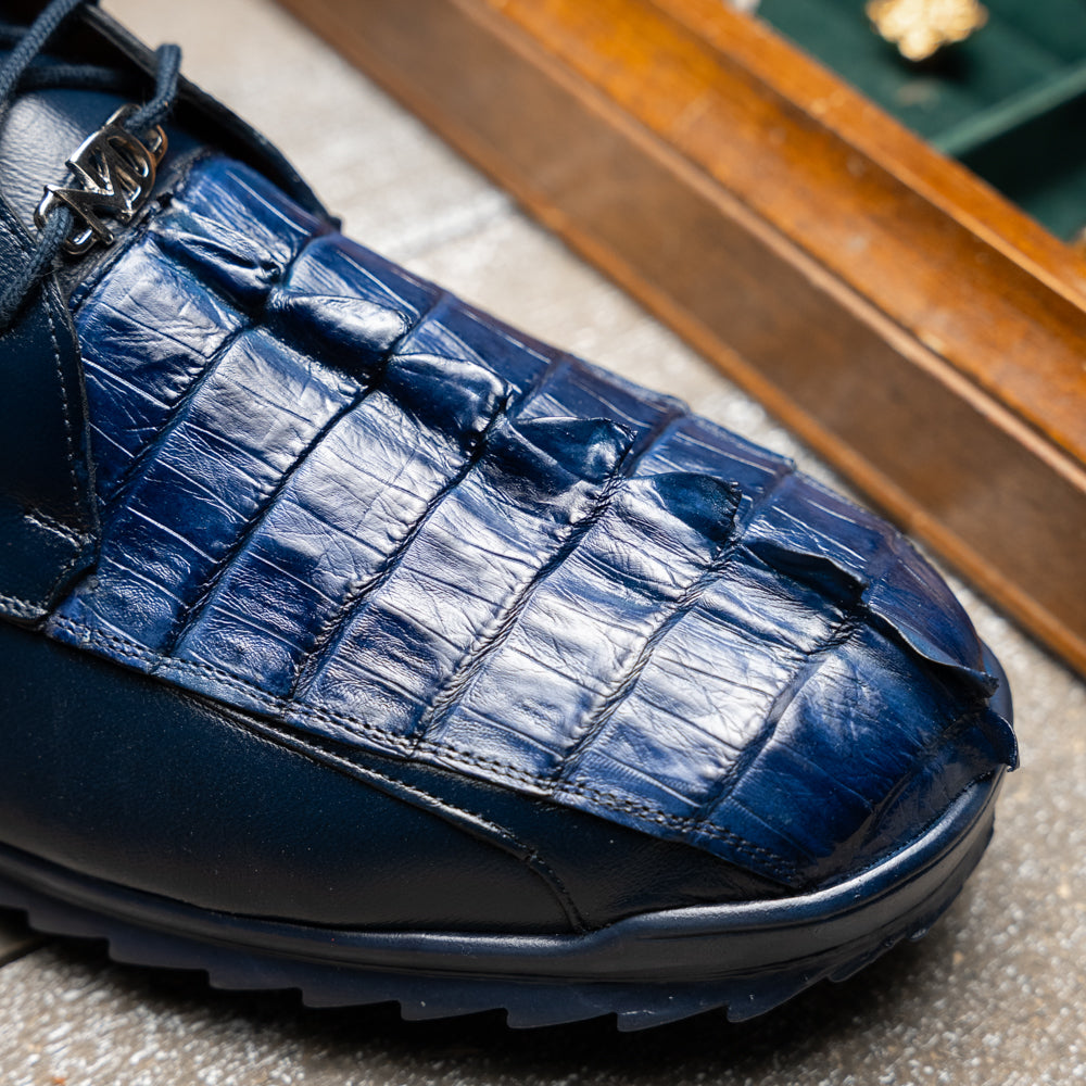 Genuine Hornback Caiman and Calf Leather Exotic Sneaker Udine Navy