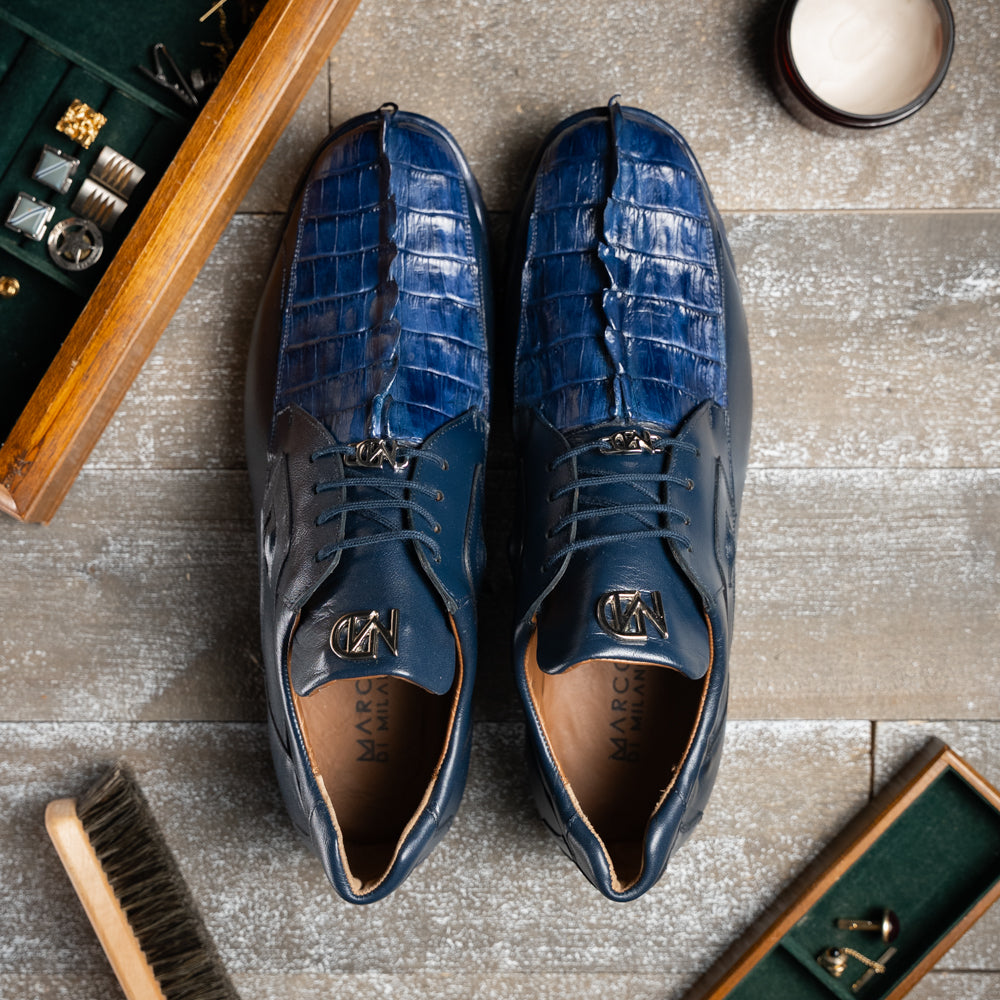 Genuine Hornback Caiman and Calf Leather Exotic Sneaker Udine Navy