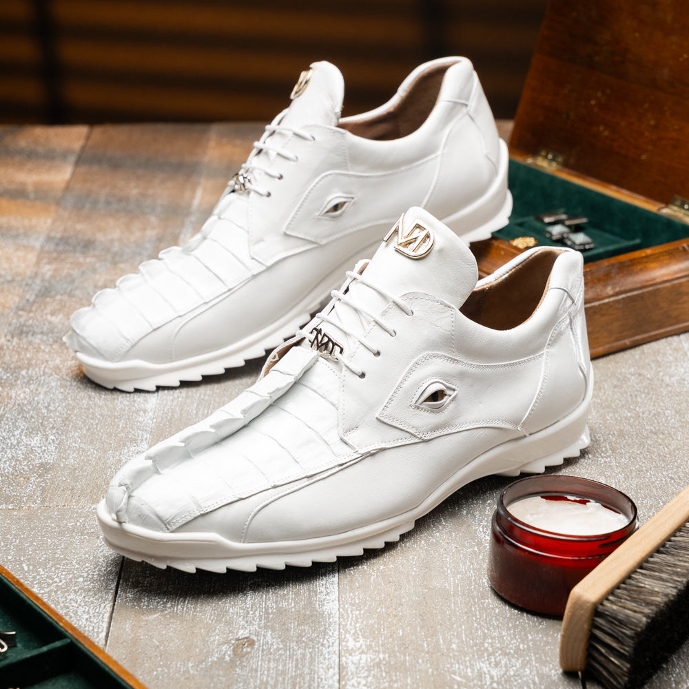 Genuine Hornback Caiman and Calf Leather Exotic Sneaker Udine White