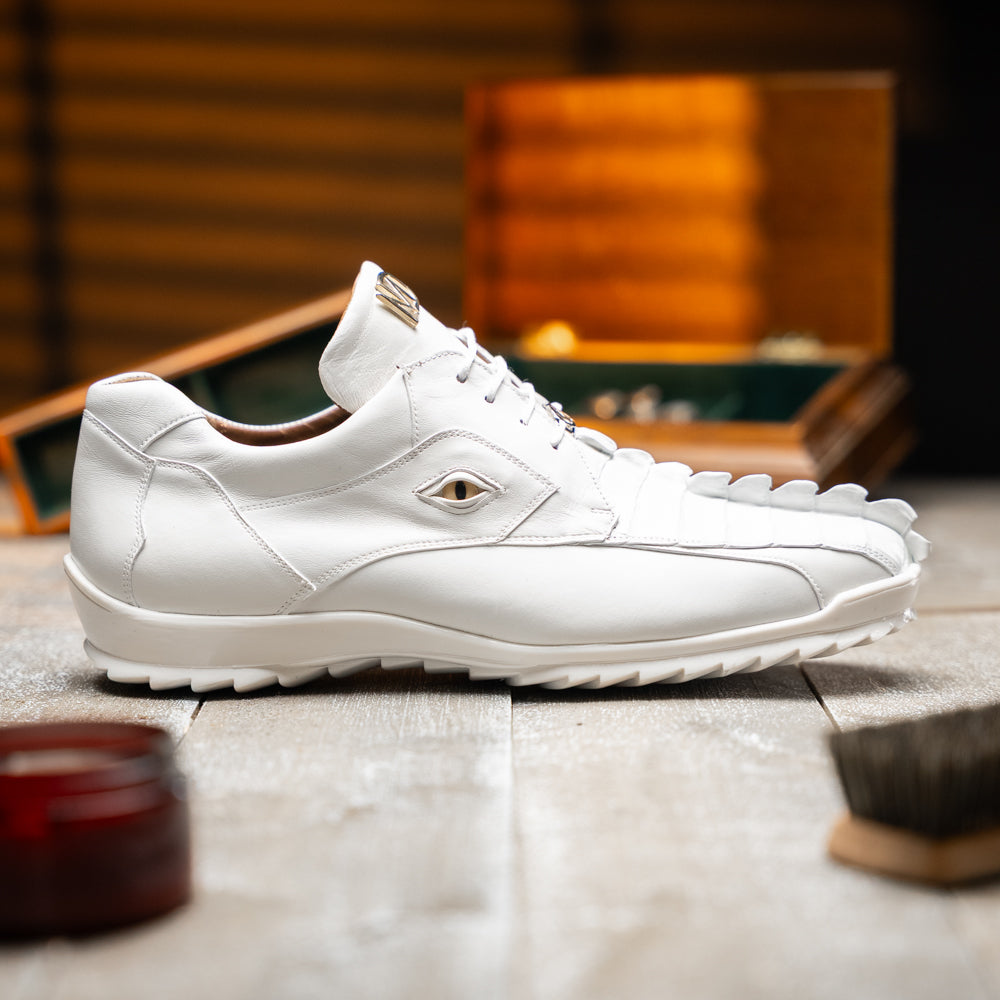 Genuine Hornback Caiman and Calf Leather Exotic Sneaker Udine White