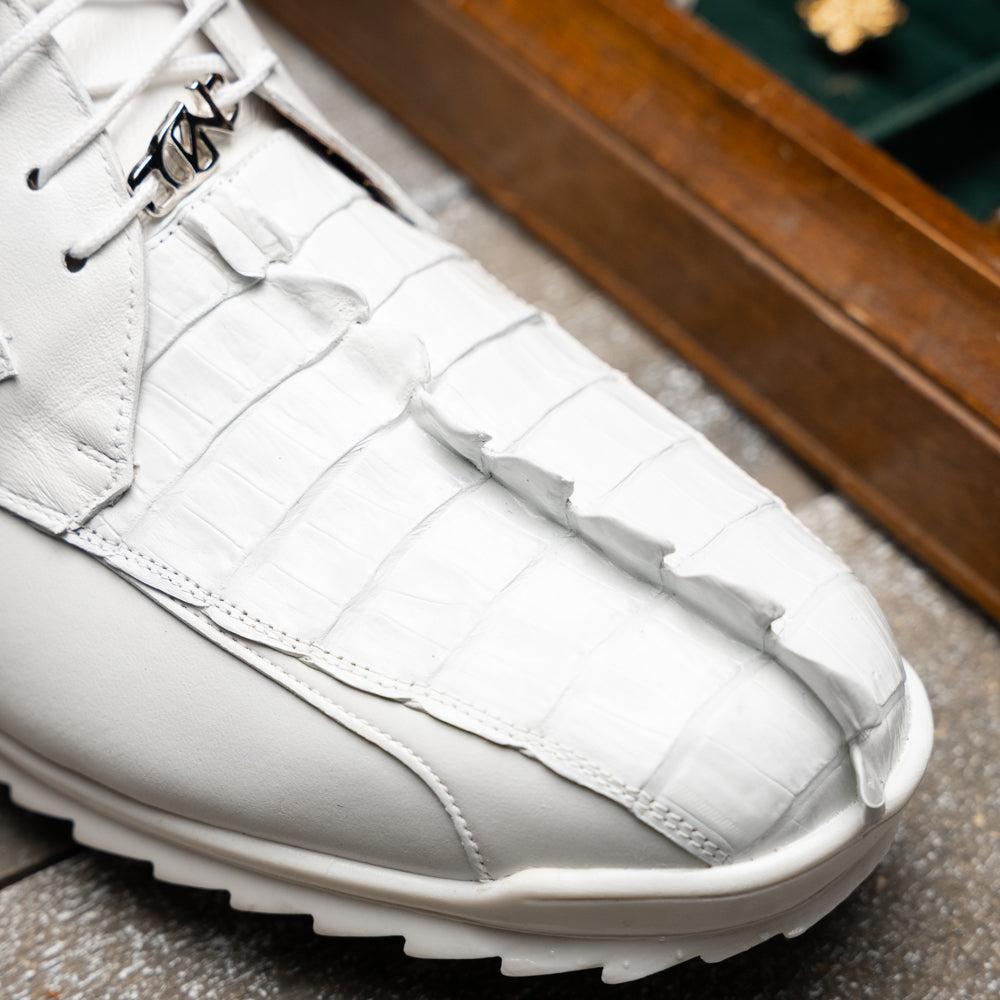 Genuine Hornback Caiman and Calf Leather Exotic Sneaker Udine White