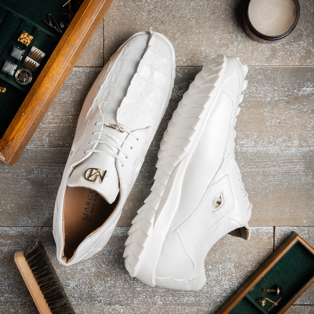 Genuine Hornback Caiman and Calf Leather Exotic Sneaker Udine White