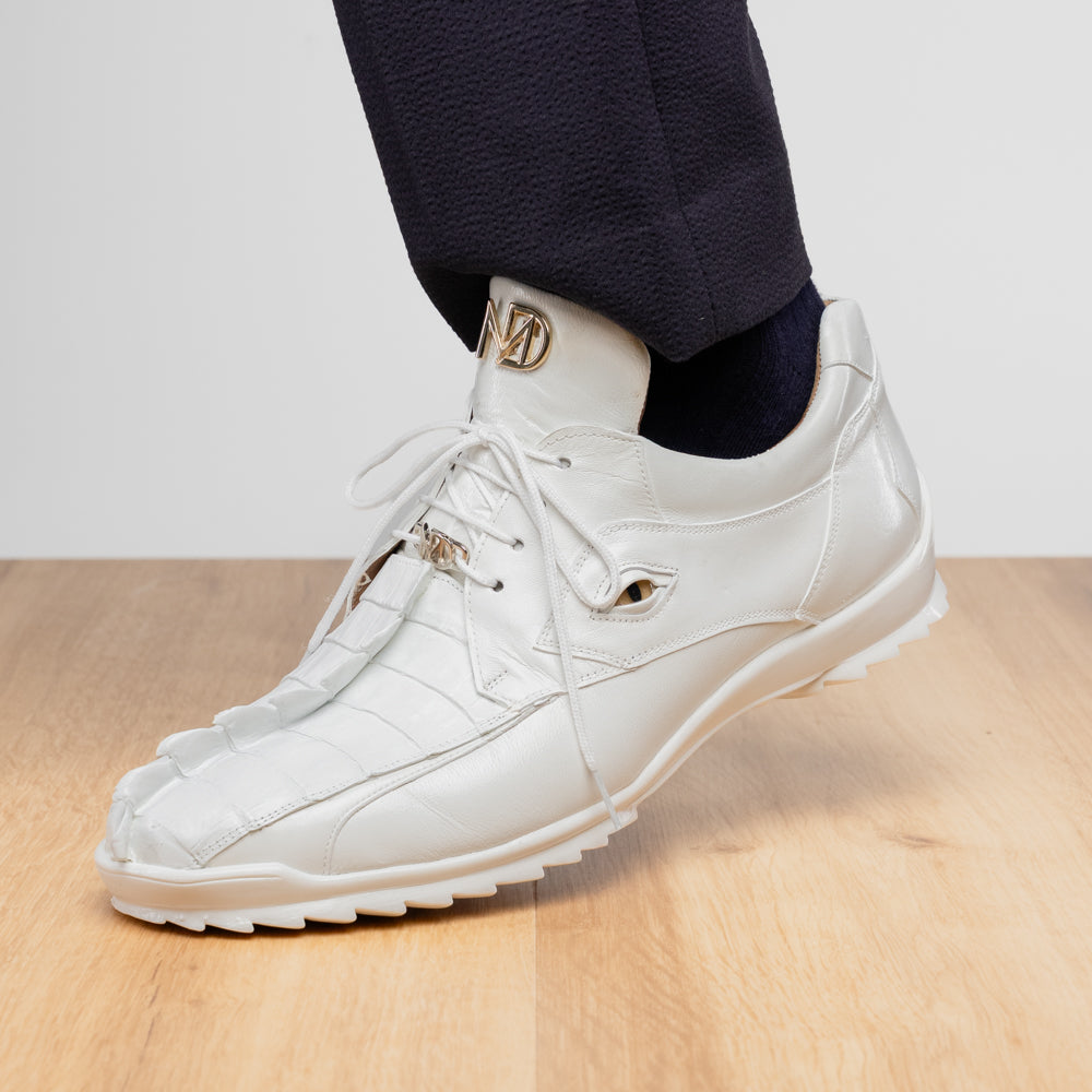 Genuine Hornback Caiman and Calf Leather Exotic Sneaker Udine White