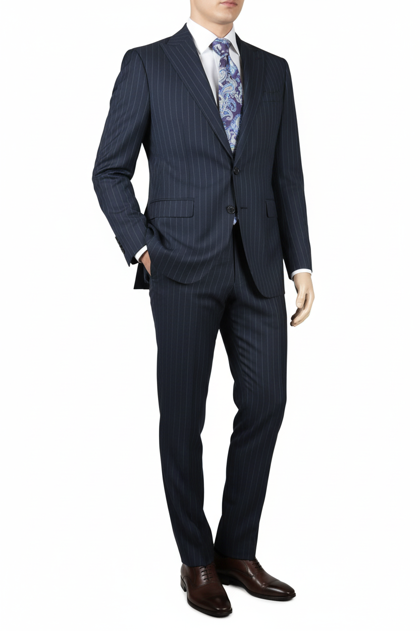 Men Suit BERLUSCONI Italian Wool 180's Pin Stripe One Button Peak UGS95-01 Navy