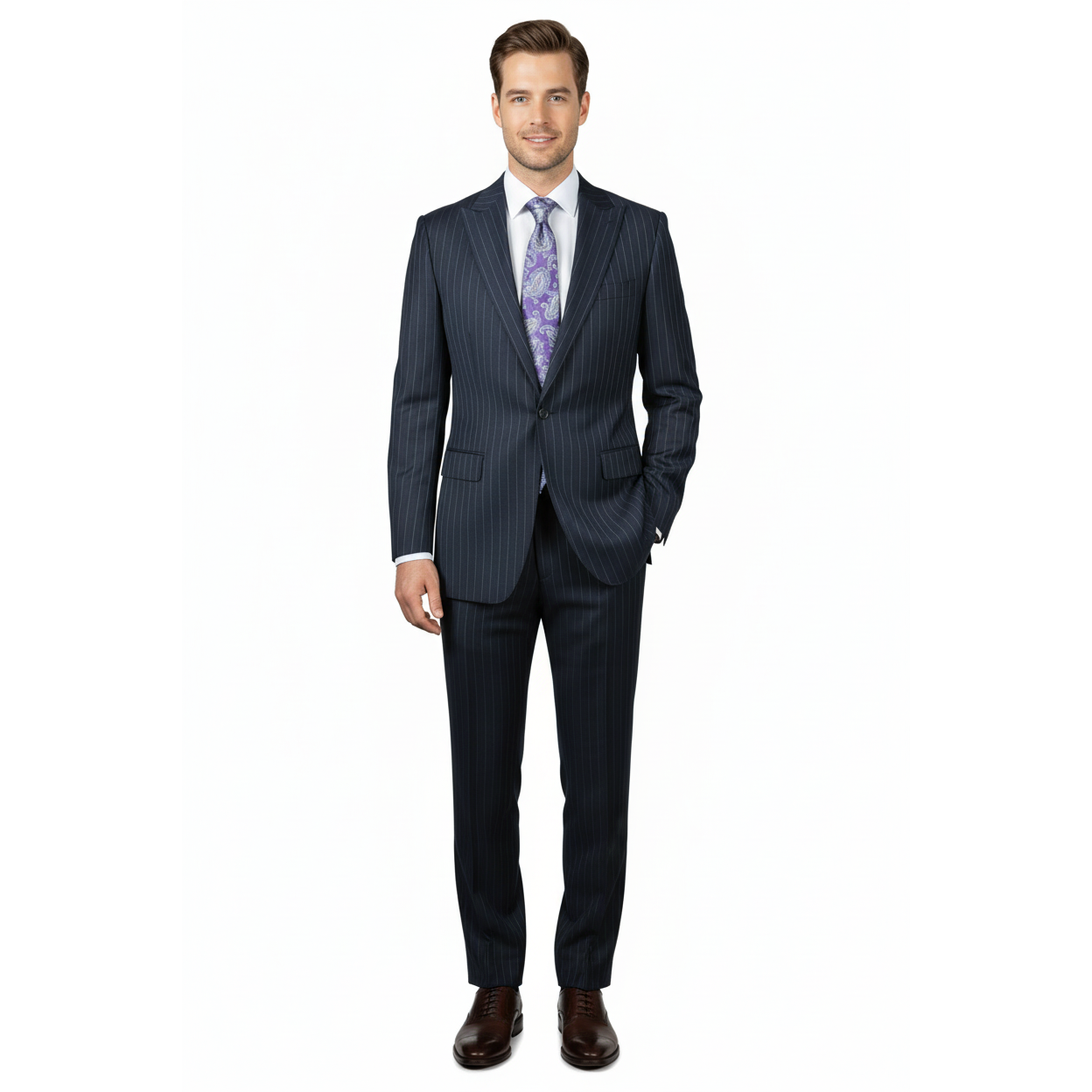 Men Suit BERLUSCONI Italian Wool 180's Pin Stripe One Button Peak UGS95-01 Navy