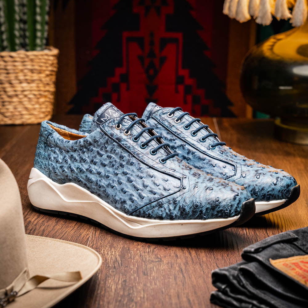 Marco Di Milano Genuine Ostrich Skin Luxury Sneaker Shoes Varenna Blue Jeans