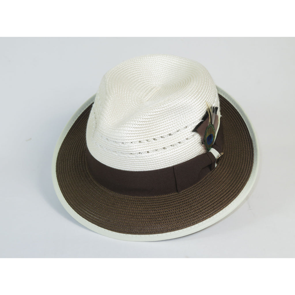 Men's Bruno Capelo 2-Tone Straw Fedora Hat CASANOVA CV893 Ivory/brown