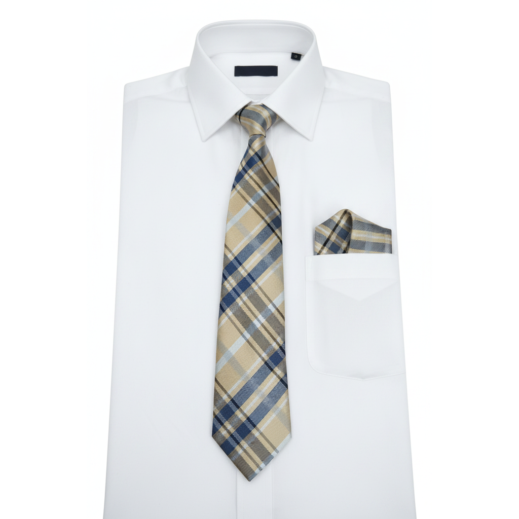 Men's Vito Rofolo From Italy Tie Hankie Gift Boxed 100% Silk VR-28 Tan Blue Plaid