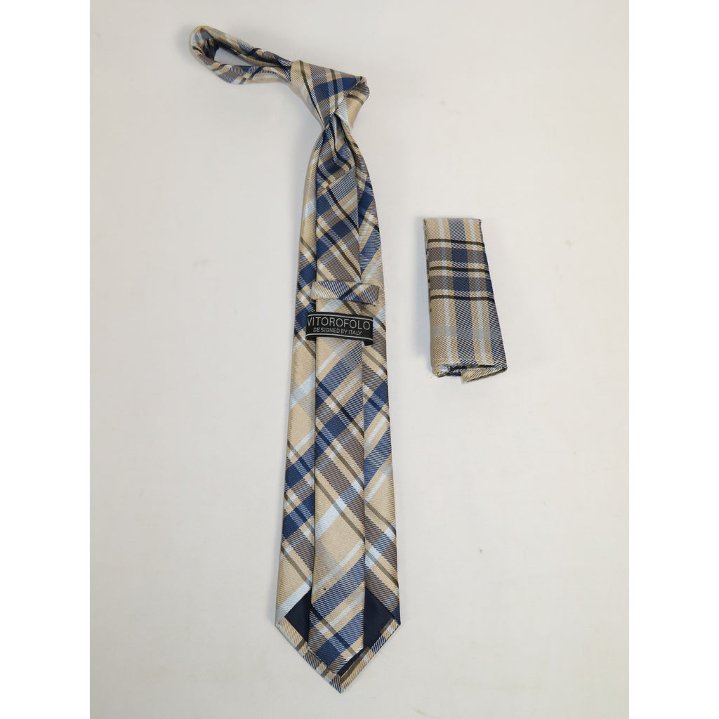 Men's Vito Rofolo From Italy Tie Hankie Gift Boxed 100% Silk VR-28 Tan Blue Plaid