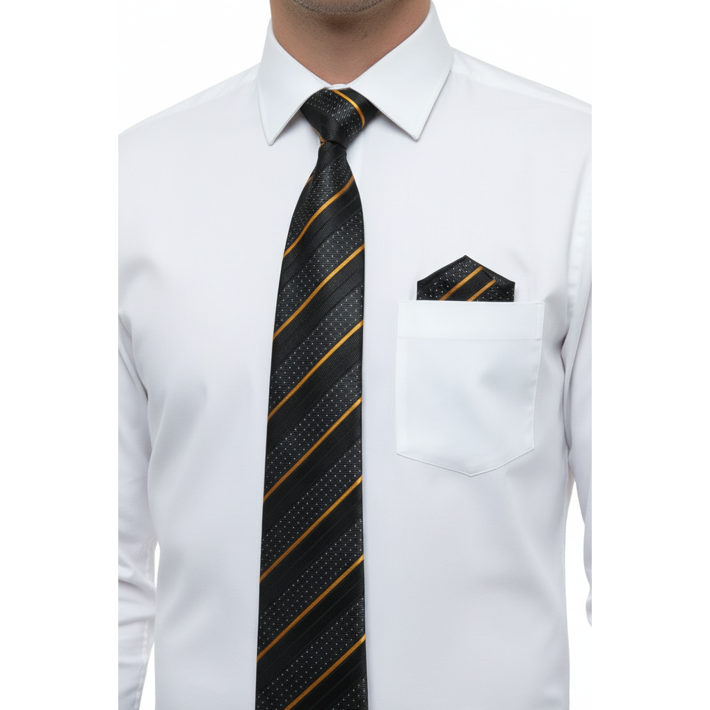 Men's Vito Rofolo From Italy Tie Hankie Gift Boxed 100% Silk VR-36 Black/Gold Stripe