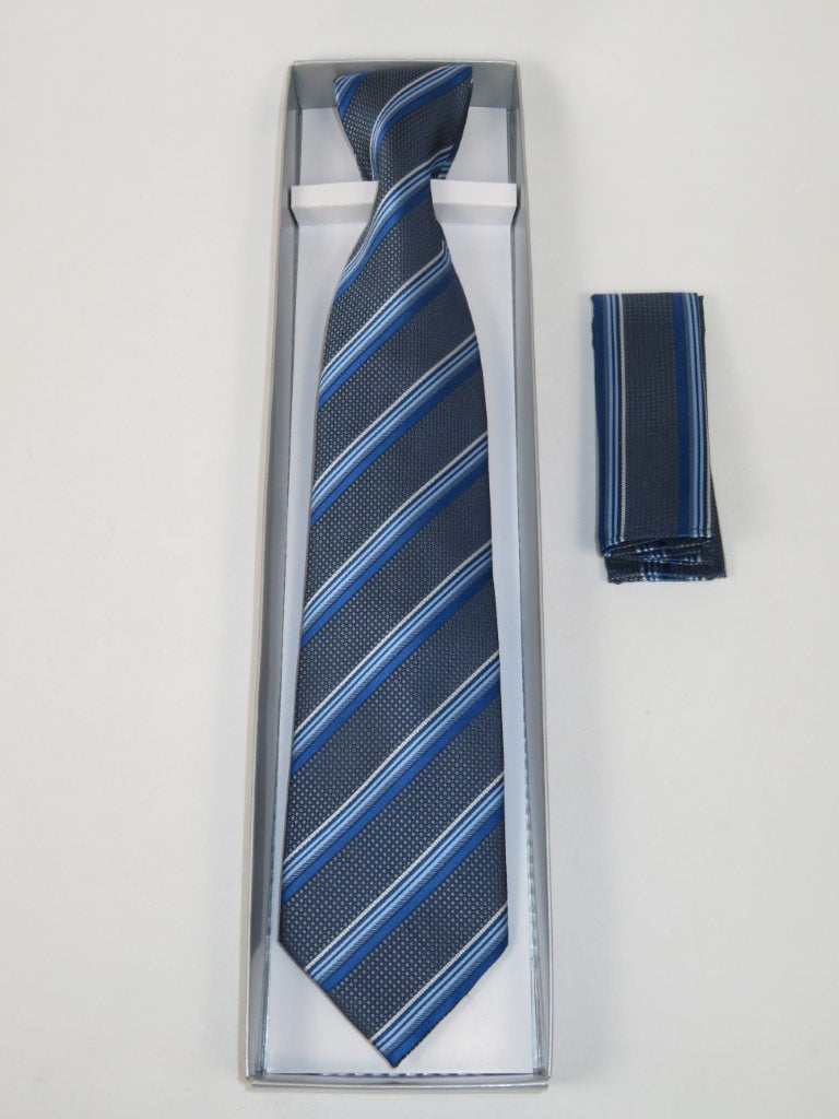 Men's Vito Rofolo From Italy Tie Hankie Gift Boxed 100% Silk VR-37 Blue Stripe