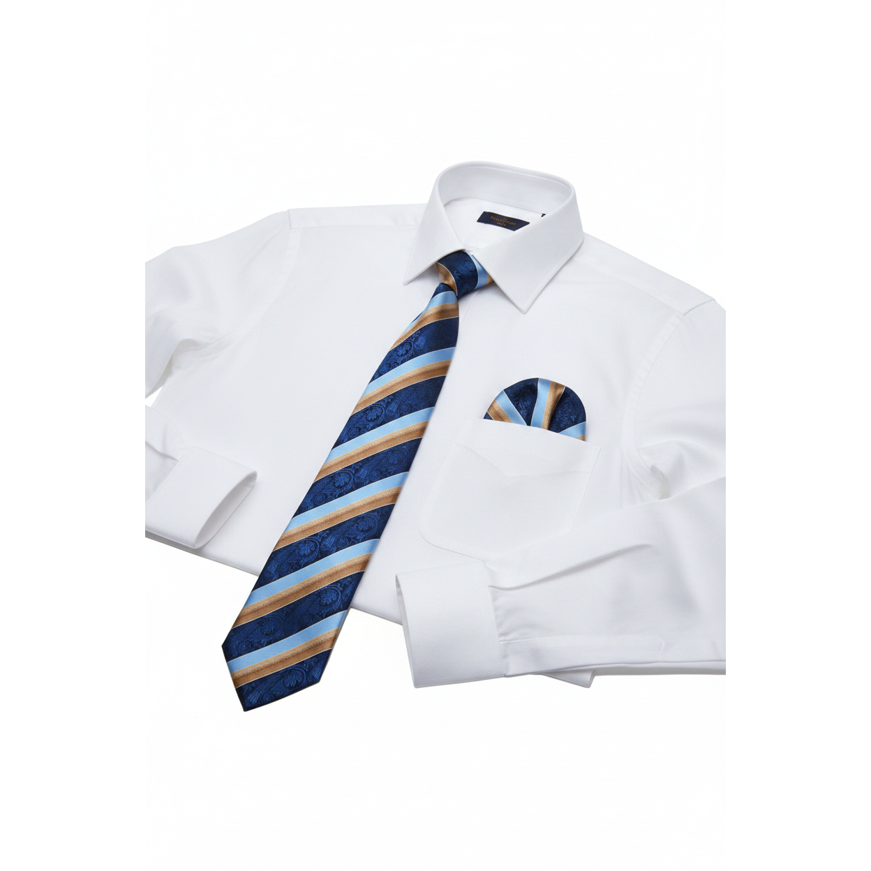 Men's Vito Rofolo From Italy Tie Hankie Gift Boxed 100% Silk VR-37 Blue/Tan Stripe