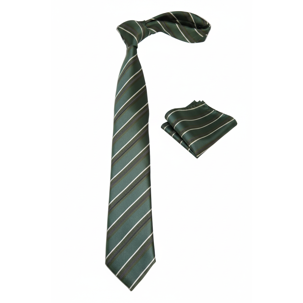 Mens Narrow Tie/Hankie Set Woven Vito Rofolo by J.Valintin VTR-114 Green Stripe