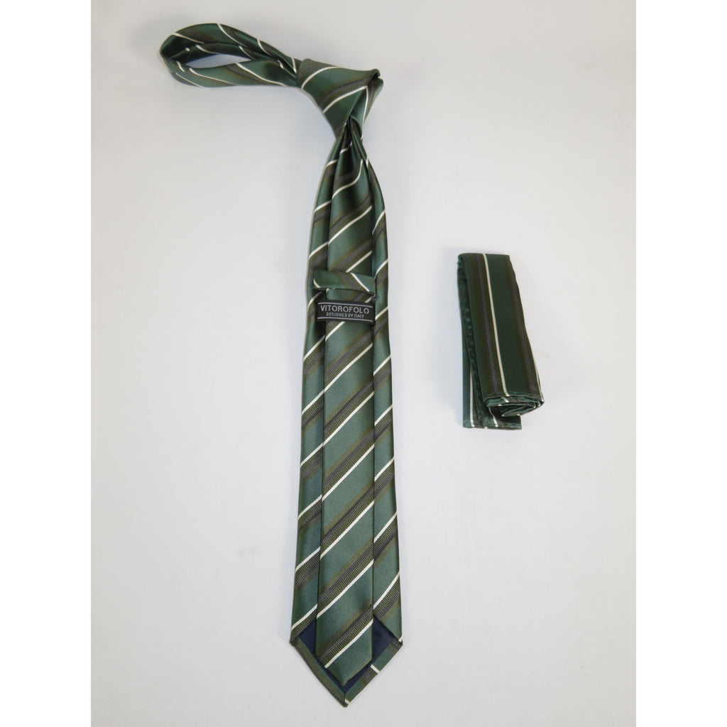 Mens Narrow Tie/Hankie Set Woven Vito Rofolo by J.Valintin VTR-114 Green Stripe