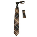 Mens Narrow Tie/Hankie Set Woven Vito Rofolo by J.Valintin VTR-116 Brown Plaid