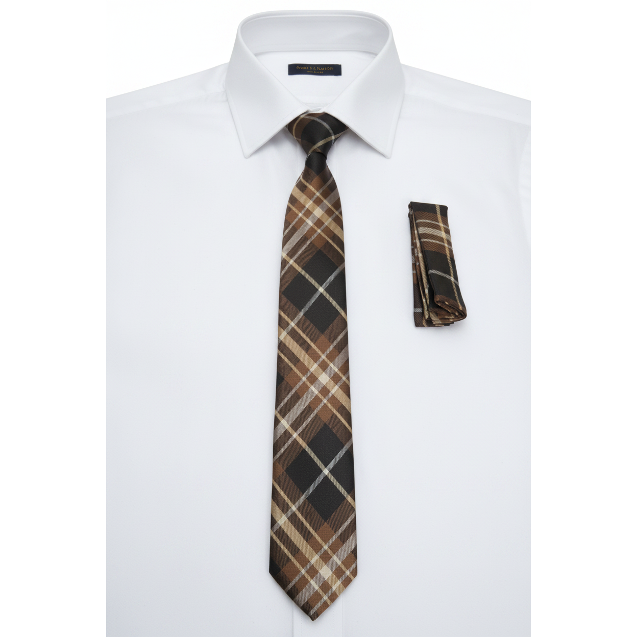 Mens Narrow Tie/Hankie Set Woven Vito Rofolo by J.Valintin VTR-116 Brown Plaid