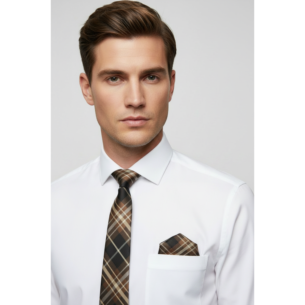 Mens Narrow Tie/Hankie Set Woven Vito Rofolo by J.Valintin VTR-116 Brown Plaid