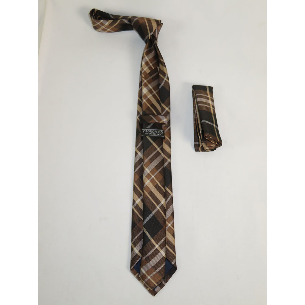 Mens Narrow Tie/Hankie Set Woven Vito Rofolo by J.Valintin VTR-116 Brown Plaid