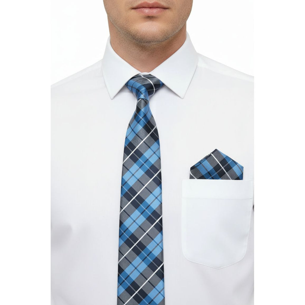 Mens Narrow Tie/Hankie Set Woven Vito Rofolo by J.Valintin VTR-117 Blue Plaid