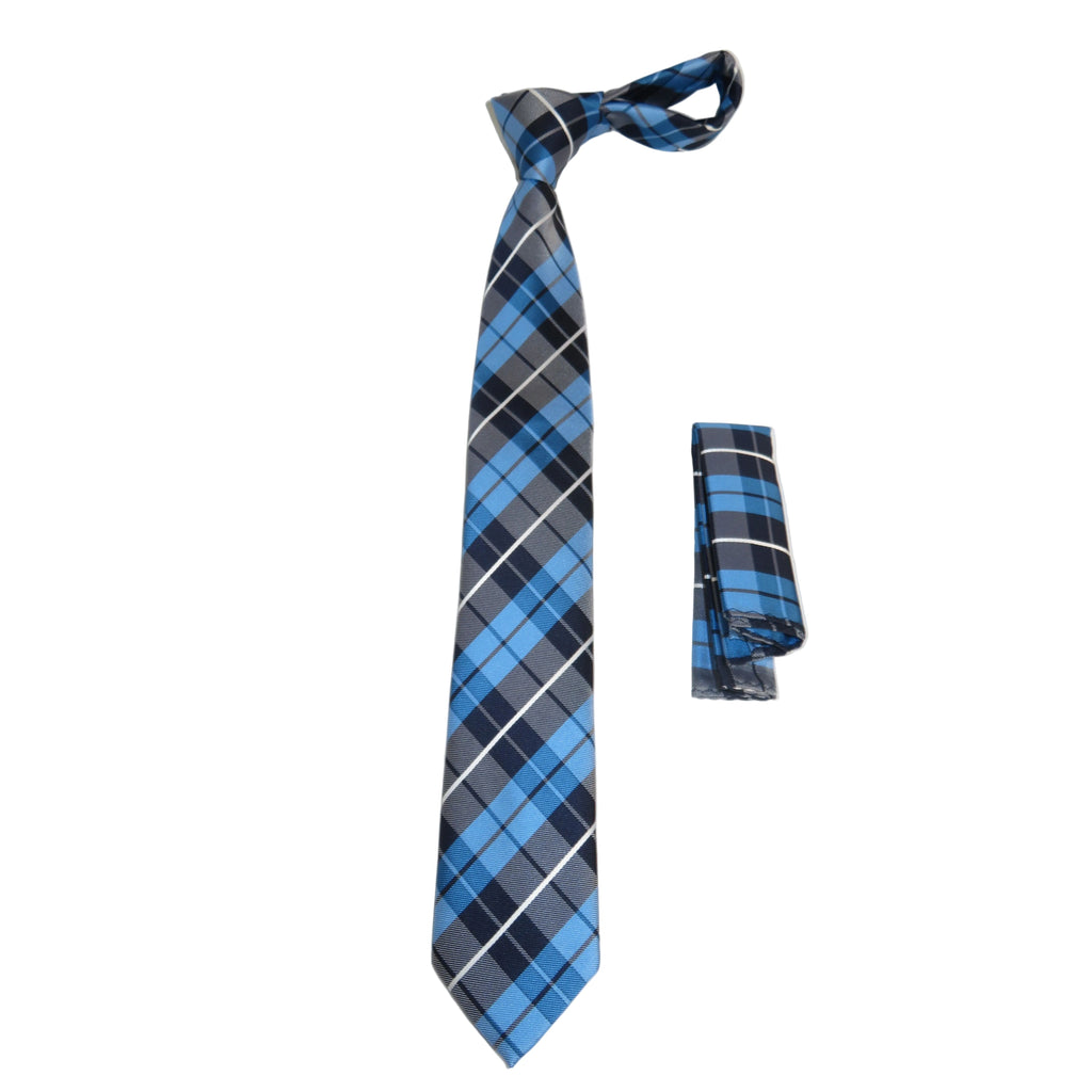 Mens Narrow Tie/Hankie Set Woven Vito Rofolo by J.Valintin VTR-117 Blue Plaid