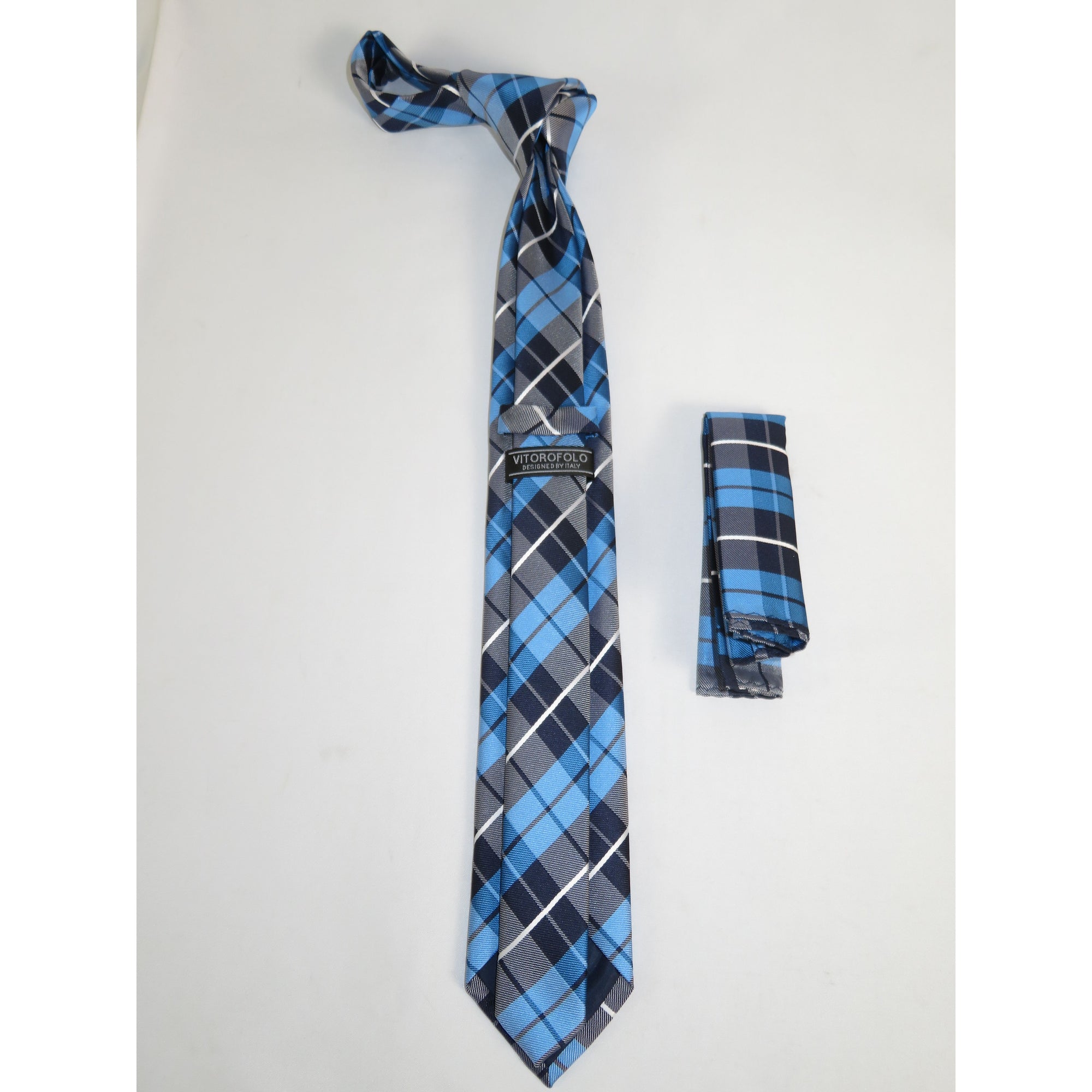 Mens Narrow Tie/Hankie Set Woven Vito Rofolo by J.Valintin VTR-117 Blue Plaid