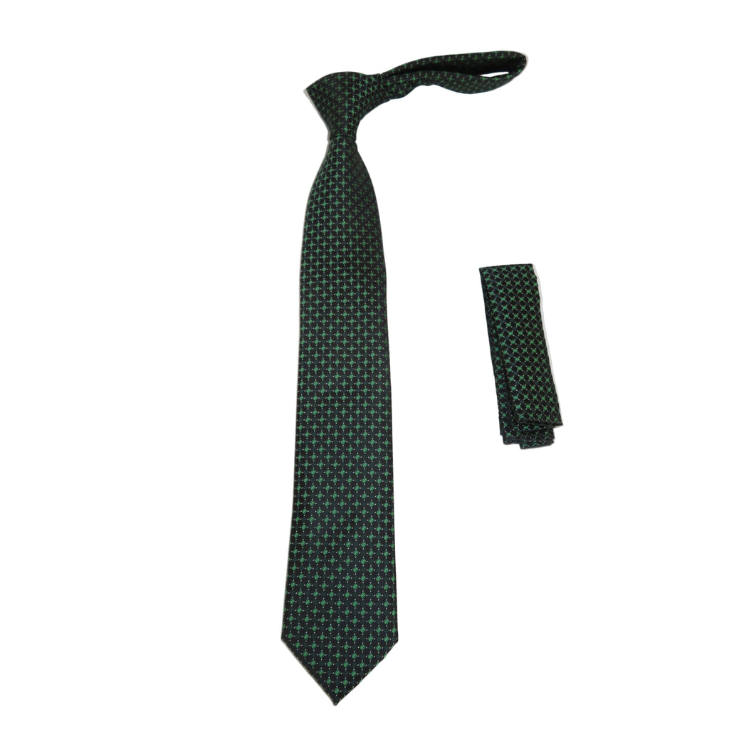 Mens Narrow Tie/Hankie Set Woven Vito Rofolo by J.Valintin VTR-118 Green Checks