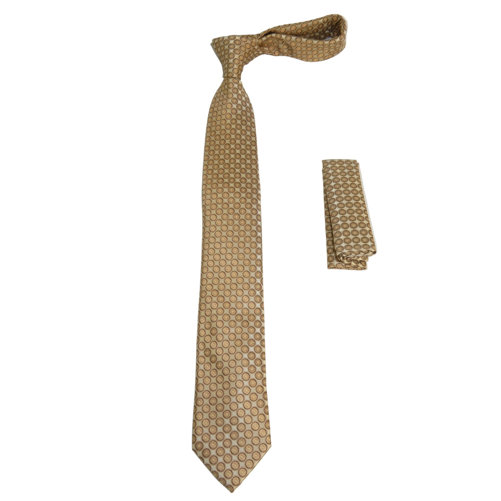 Mens Narrow Tie/Hankie Set Woven Vito Rofolo by J.Valintin VTR-120 Beige Circles