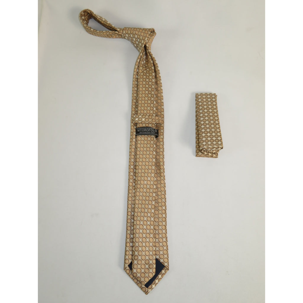 Mens Narrow Tie/Hankie Set Woven Vito Rofolo by J.Valintin VTR-120 Beige Circles