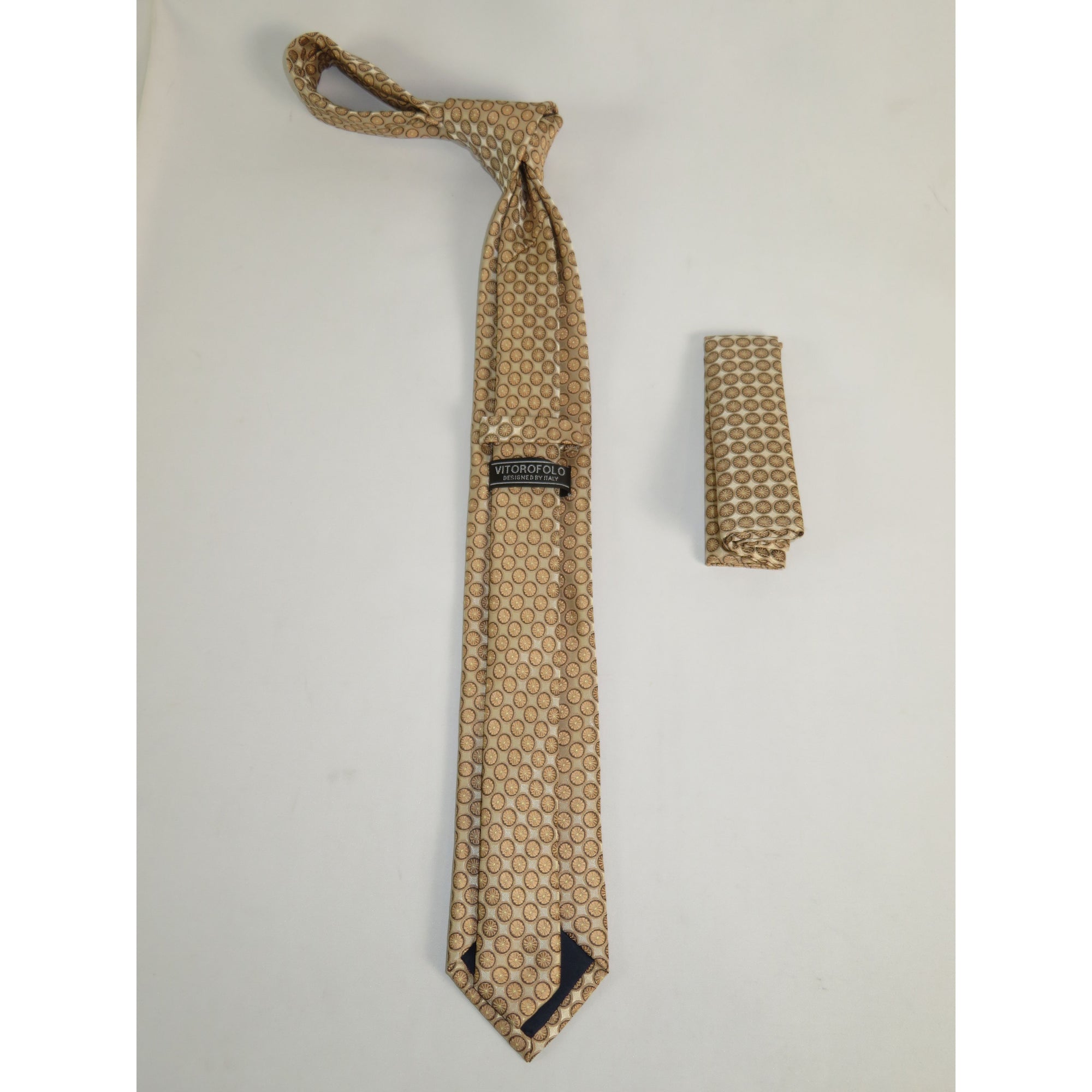 Mens Narrow Tie/Hankie Set Woven Vito Rofolo by J.Valintin VTR-120 Beige Circles