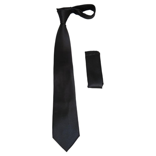 Mens Narrow Tie/Hankie Set Microfiber Silky Vito Rofolo VTR-90 Solid Black