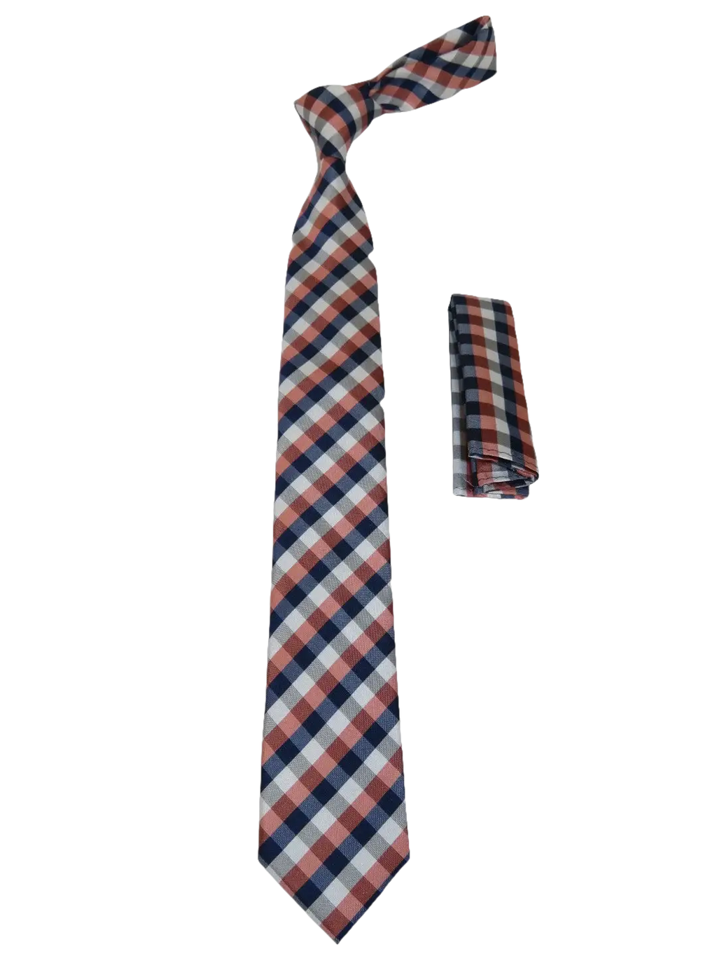 Mens Narrow Tie/Hankie Set Woven Vito Rofolo VTR-100 Rust Navy Checker