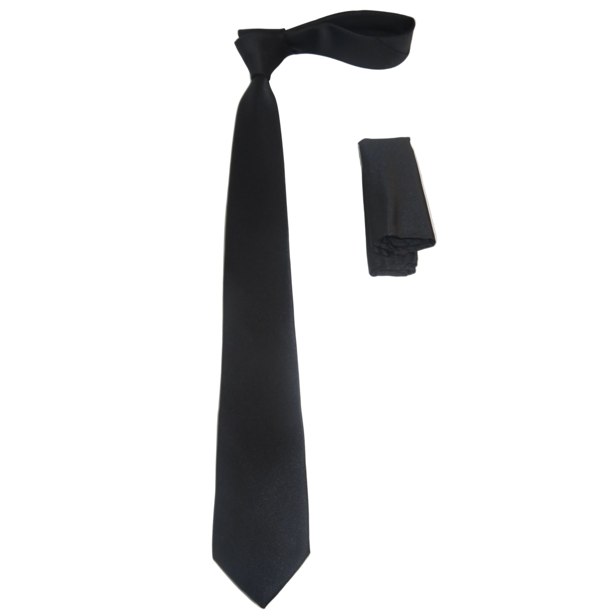 Mens Skinny Tie/Hankie Set Satin Vito Rofolo by J.Valintin VTR-122 Solid Black