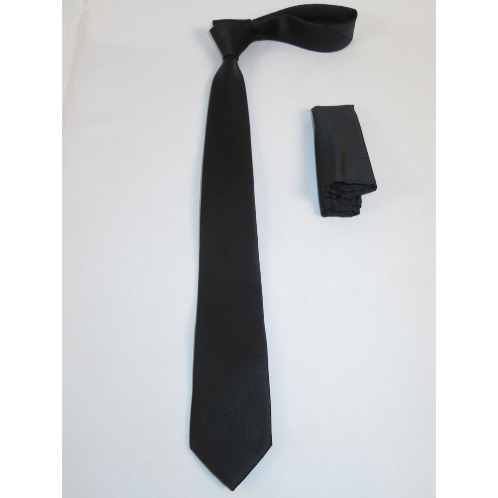 Mens Skinny Tie/Hankie Set Satin Vito Rofolo by J.Valintin VTR-122 Solid Black