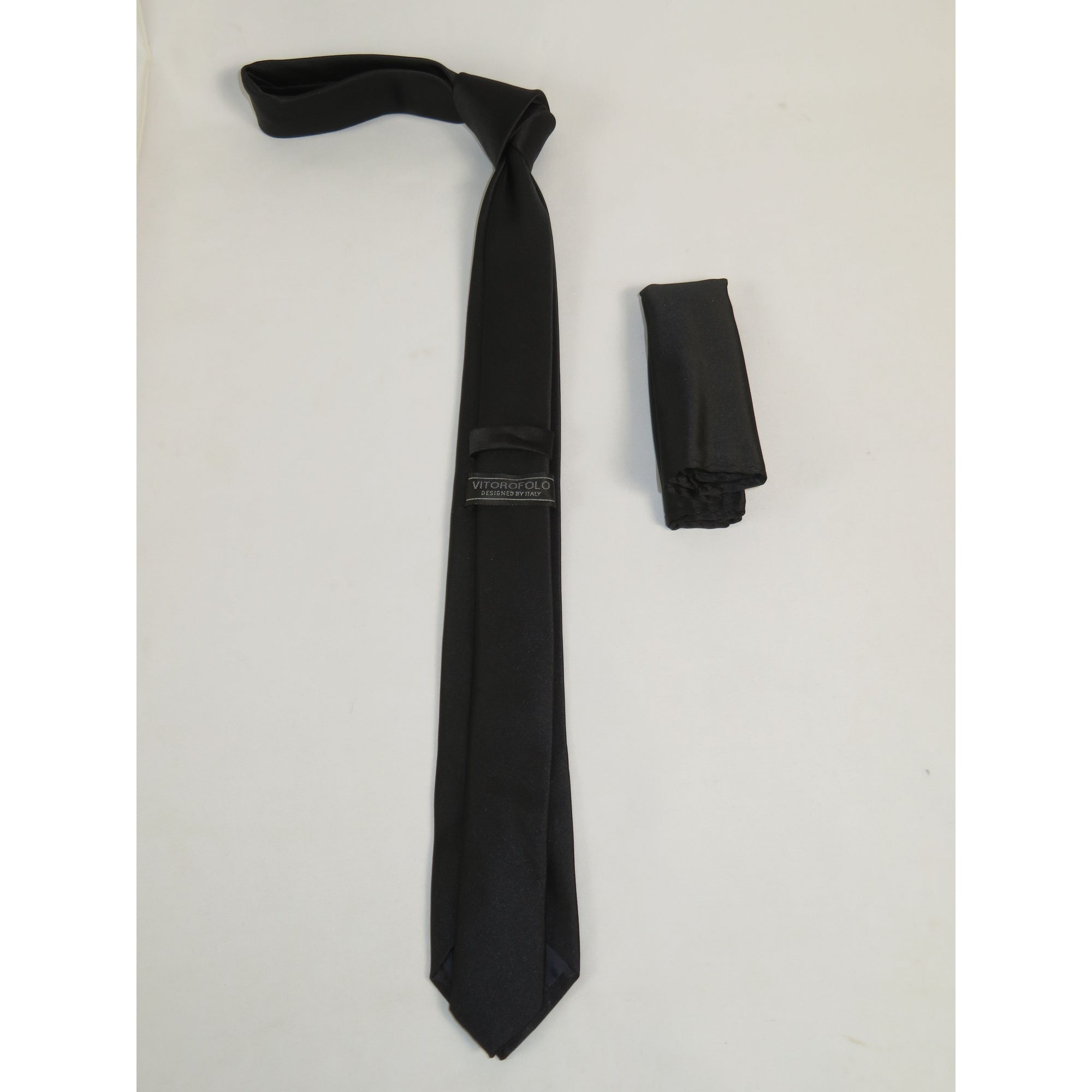 Mens Skinny Tie/Hankie Set Satin Vito Rofolo by J.Valintin VTR-122 Solid Black