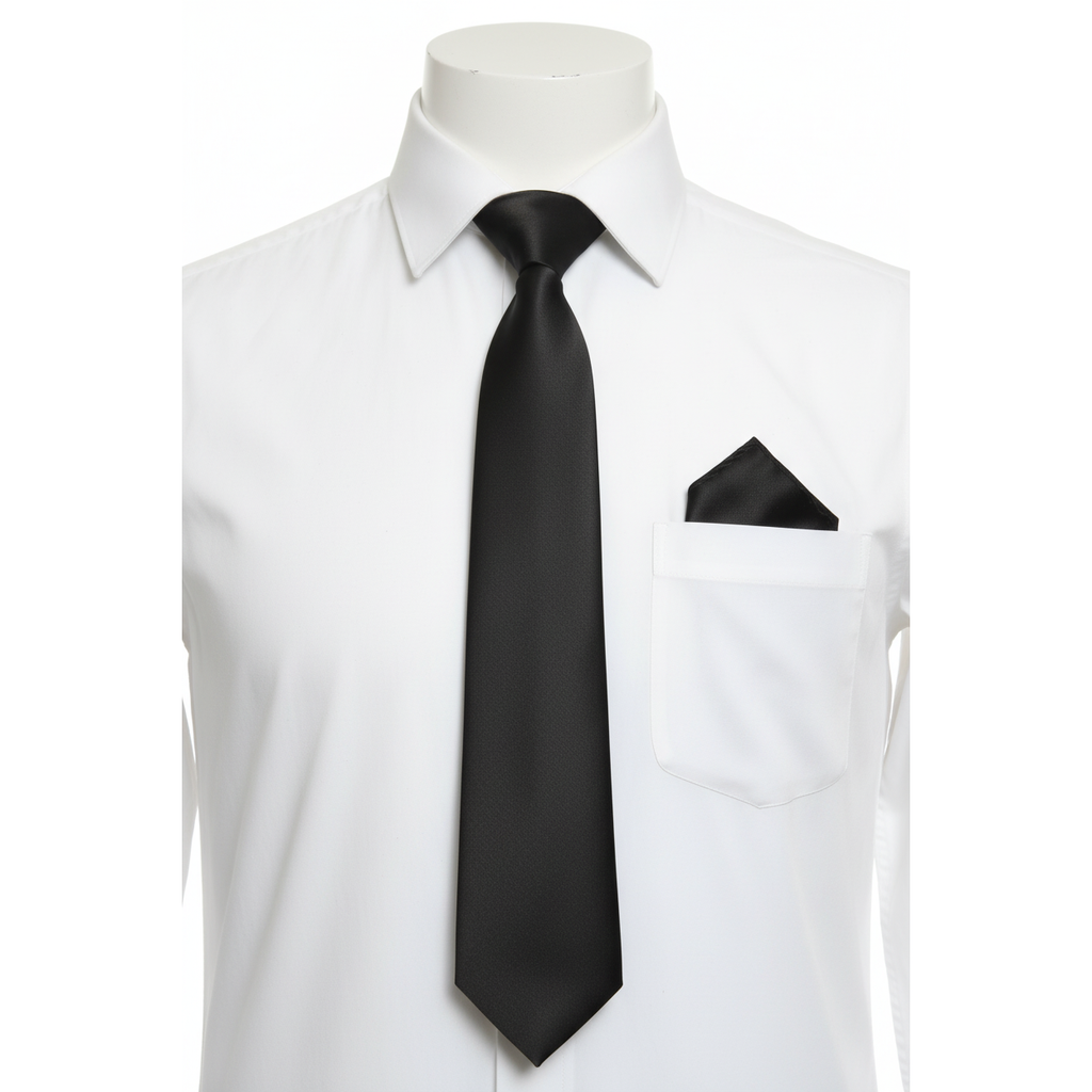 Mens Narrow Tie/Hankie Set Satin Vito Rofolo by J.Valintin VTR-121 Solid Black
