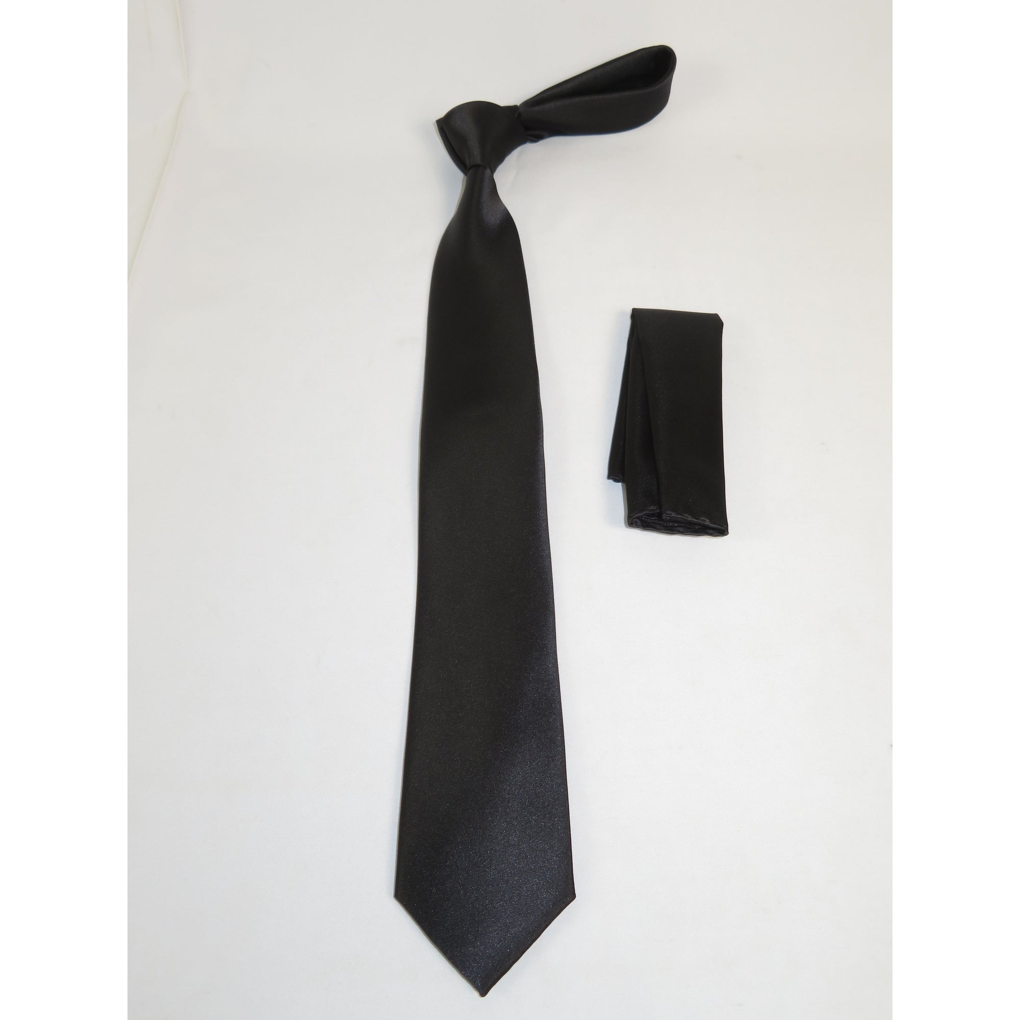 Mens Narrow Tie/Hankie Set Satin Vito Rofolo by J.Valintin VTR-121 Solid Black