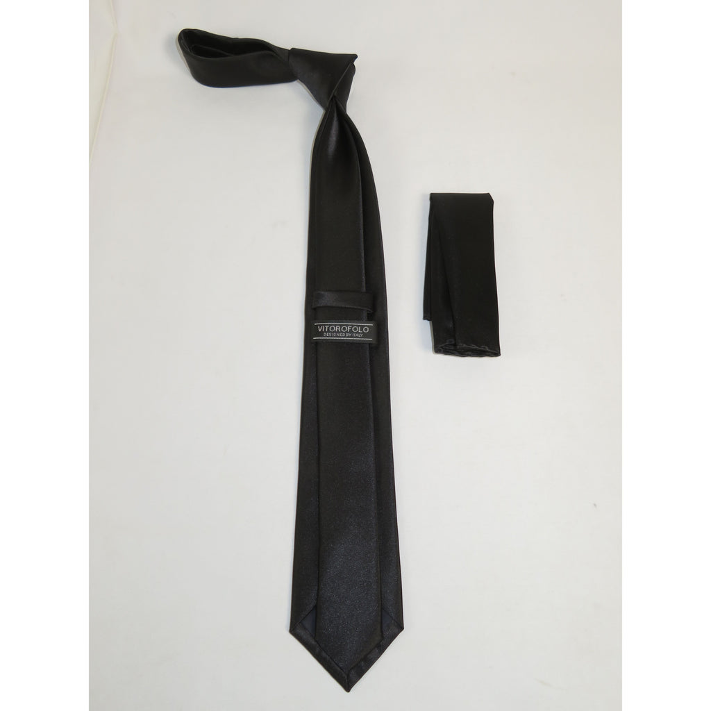 Mens Narrow Tie/Hankie Set Satin Vito Rofolo by J.Valintin VTR-121 Solid Black