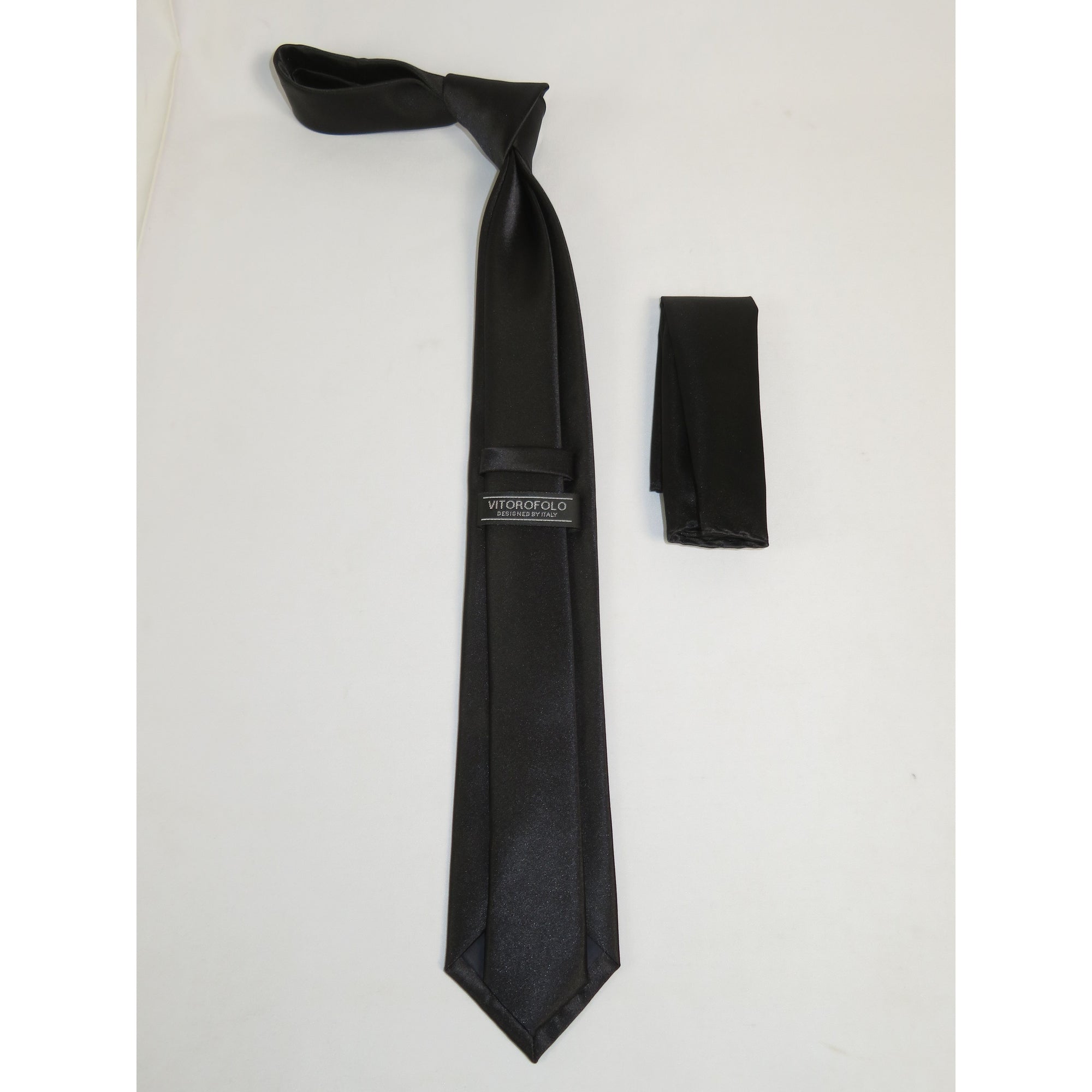 Mens Narrow Tie/Hankie Set Satin Vito Rofolo by J.Valintin VTR-121 Solid Black