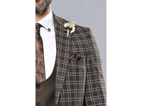 Men 3pc European Vested Suit WESSI by J.VALINTIN Extra Slim Fit JV39 Brown Plaid