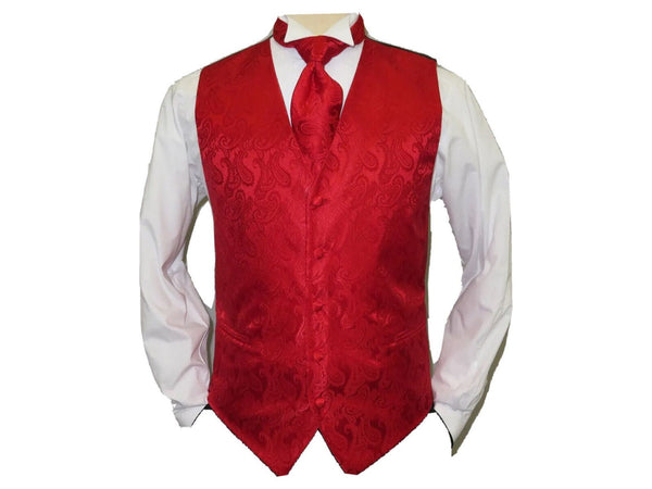 Mens Q BRAND Formal Vest Tie Hanky Set Paisley  red